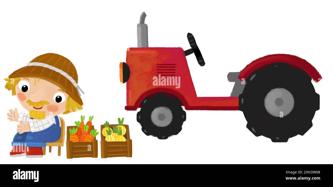 Zeichentrickszene mit einem Bauern, der in der Nähe eines Traktors steht und eine Aktivität macht Stockfoto