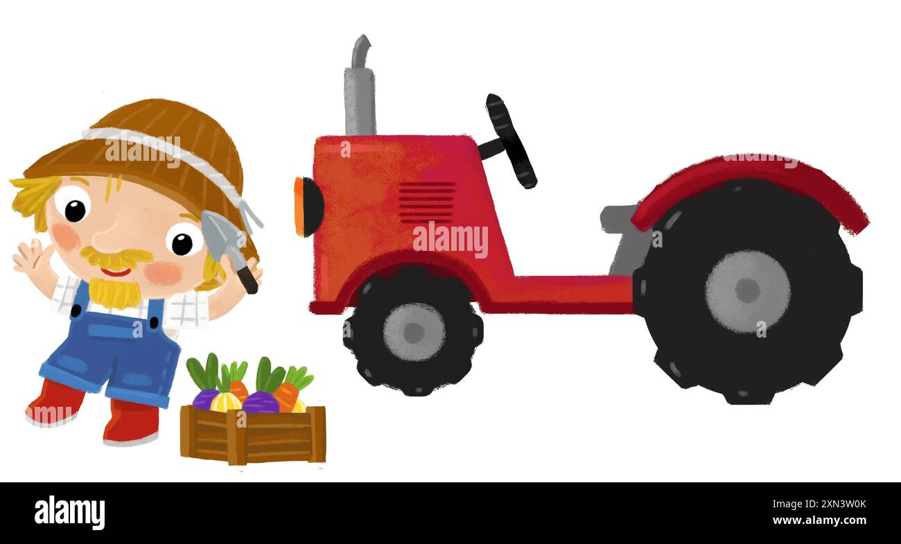 Zeichentrickszene mit einem Bauern, der in der Nähe eines Traktors steht und eine Aktivität macht Stockfoto