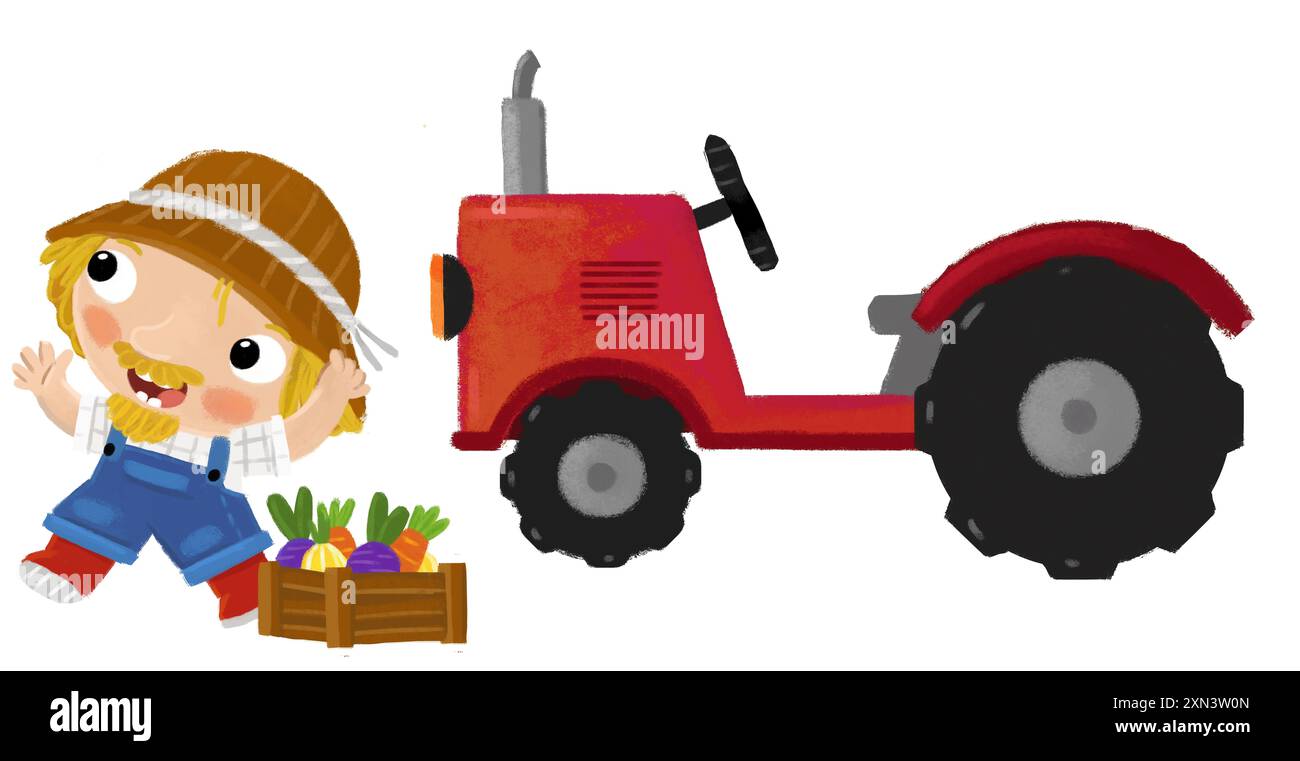 Zeichentrickszene mit einem Bauern, der in der Nähe eines Traktors steht und eine Aktivität macht Stockfoto