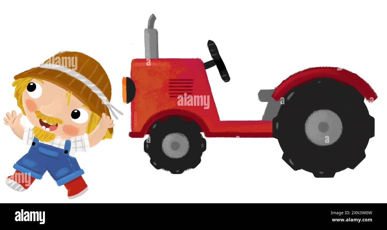 Zeichentrickszene mit einem Bauern, der in der Nähe eines Traktors steht und eine Aktivität macht Stockfoto