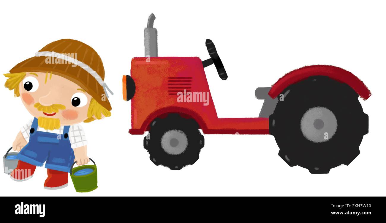 Zeichentrickszene mit einem Bauern, der in der Nähe eines Traktors steht und eine Aktivität macht Stockfoto
