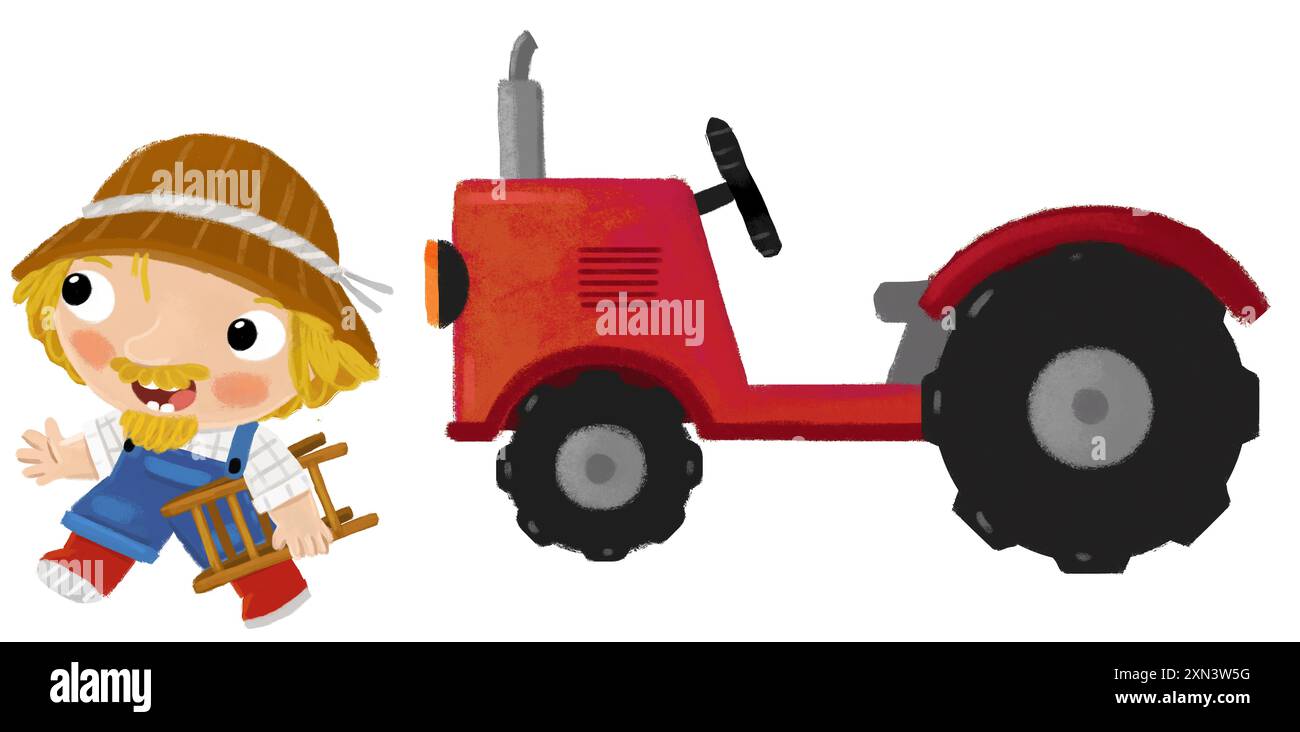 Zeichentrickszene mit einem Bauern, der in der Nähe eines Traktors steht und eine Aktivität macht Stockfoto