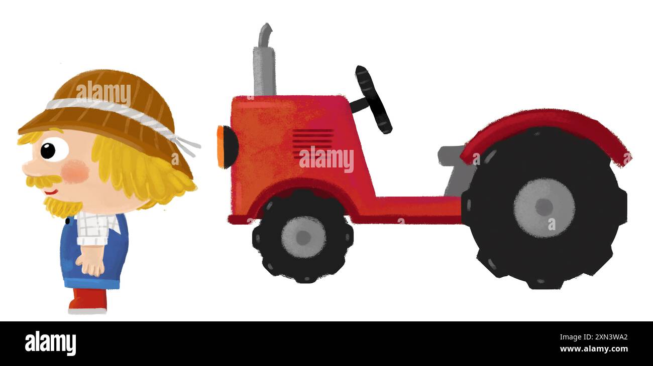 Zeichentrickszene mit einem Bauern, der in der Nähe eines Traktors steht und eine Aktivität macht Stockfoto