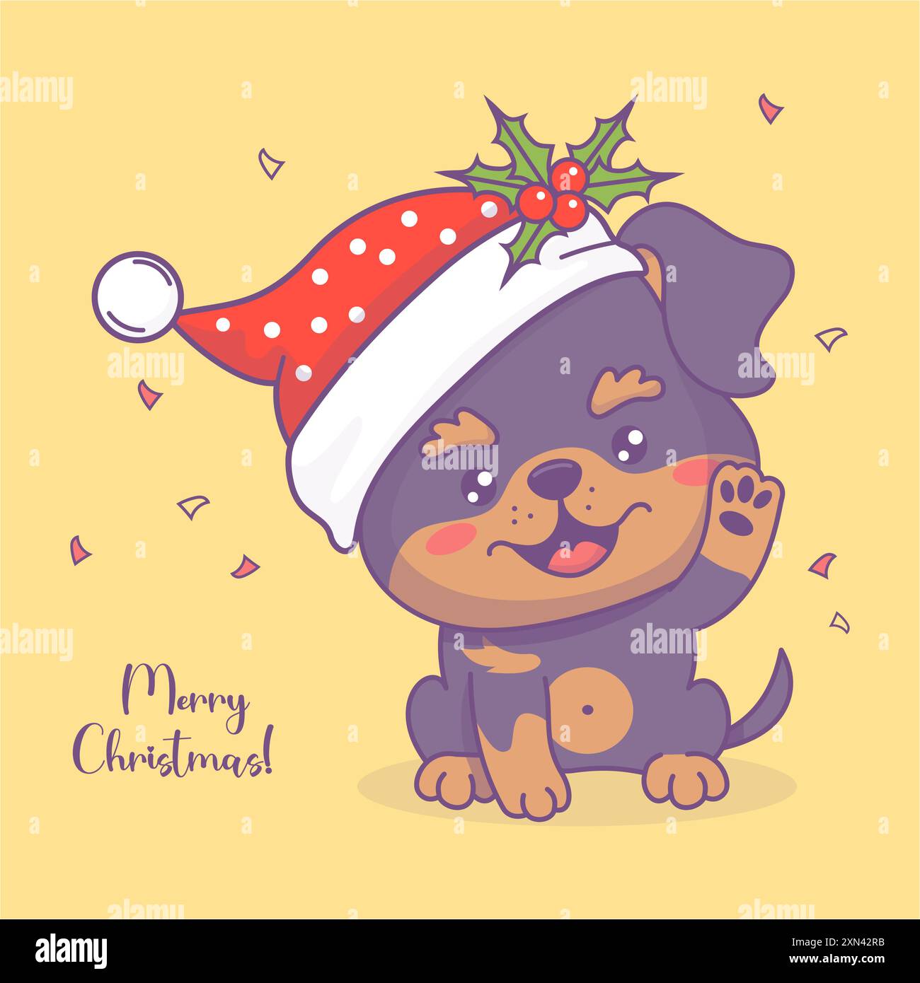 Süßer Hündchen Rottweiler mit Weihnachtsmütze mit stechpalme. Urlaub Cartoon Kawaii Charaktertier. Vektorabbildung. Frohe Weihnachtskarte Stock Vektor