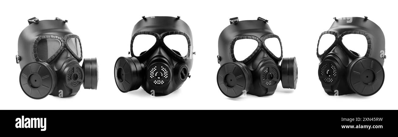 Schwarze Gasmaske isoliert auf weiß, Collage Stockfoto