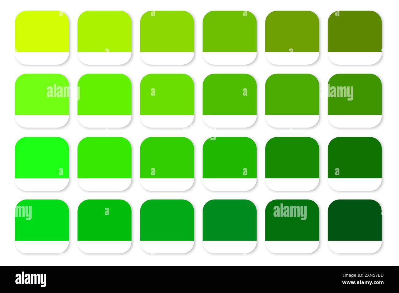 Grüne Verlaufspalette. Quadratische Farbfelder mit weißem Sockel. Verschiedene Grüntöne. Vektorabbildung. Stock Vektor