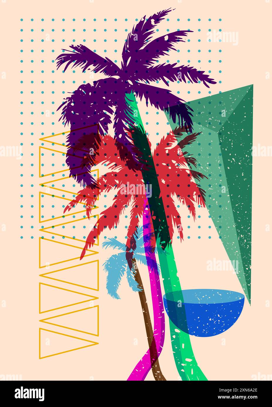 Risograph Palmen mit geometrischen Formen. Objekte in trendigem Riso-Grafik-Design mit Texturelementen. Stock Vektor
