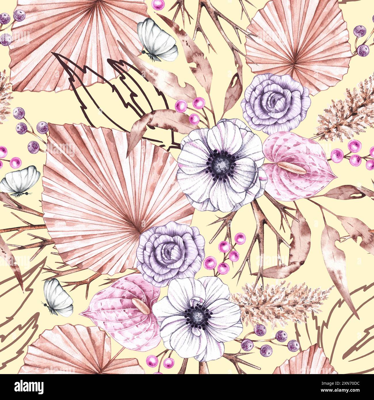 Tropisches Aquarellmuster mit Boho-Pflanzen. Tropisches Blumenmuster mit Anemonen, Anthurium und Rose. Boho-Muster. Botanisches Blütenmuster für Stockfoto