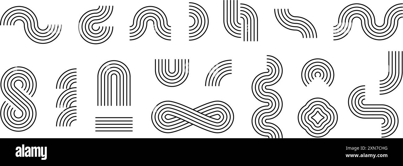 Geometrischer Formsatz aus schwarzem Boho. Mid-Century-Kollektion mit Kurven, Wellen und Bögen. Dekorative Linienelemente für Grafikvorlage, Poster, Banner, Cover, Faltblatt. Vektorwellenförmige lineare Objekte Stock Vektor