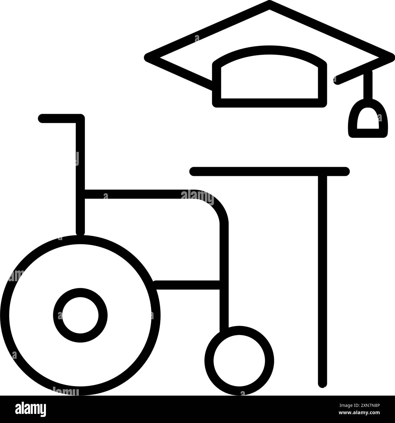 Rollstuhl, Schreibtisch und Abschlussmütze. Online-Bildungsmöglichkeiten für behinderte Menschen. Akademische Inklusivität. Pixel Perfect Vektor-Symbol Stock Vektor