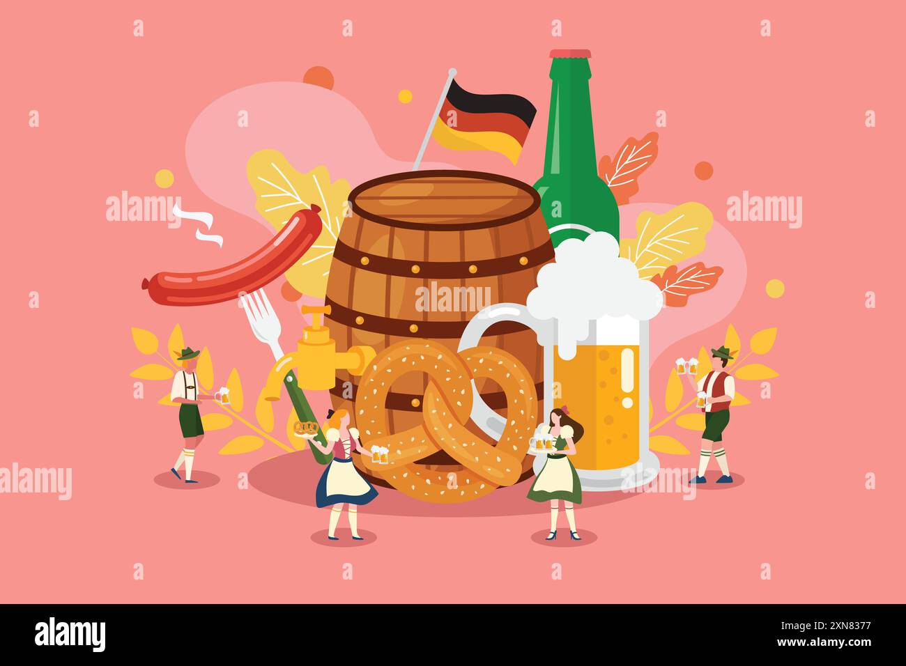 Oktoberfest-Party Mit Winzigen Leuten. Zeichentrickgrafik Flat Vector Illustration Stock Vektor