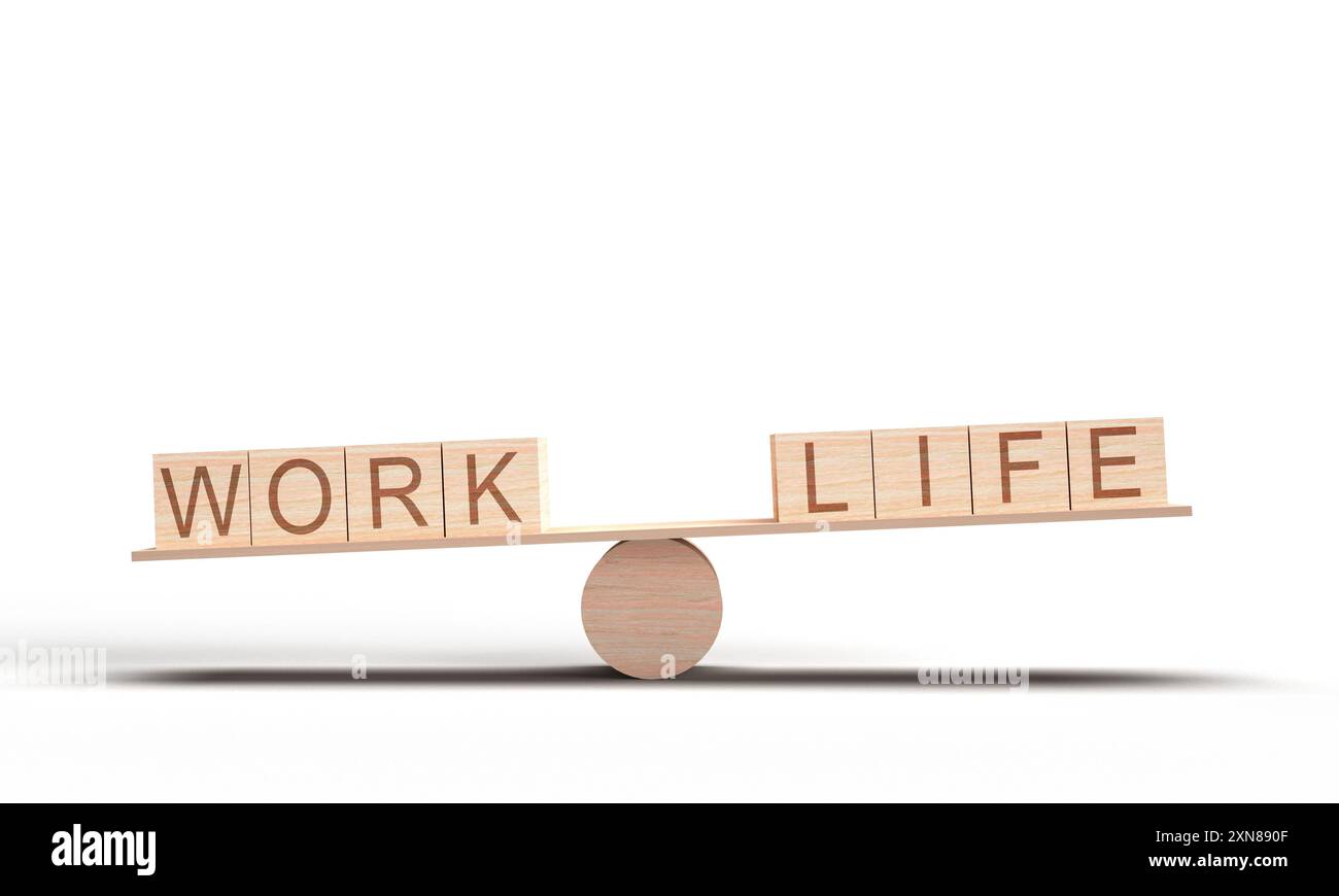 Work Life Balance Holzwürfelblock Entspannung Arbeit Job Beruf Karriere mit freischaffenden Mitarbeitern Motivation Inspiration Strategie Wohlbefinden Strategie Stockfoto