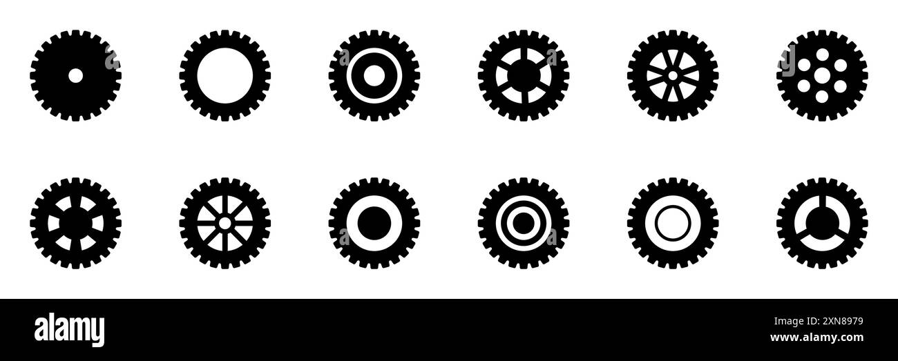 Einfache Zahnradsammlung. Zahnrad. Umriss für Zahnradsymbol festgelegt. Symbol für Gangeinstellung. Vektor für Zahnradsymbol der Maschine eingestellt. Zahnradsymbole. Verschiedene Stilsymbole Stock Vektor