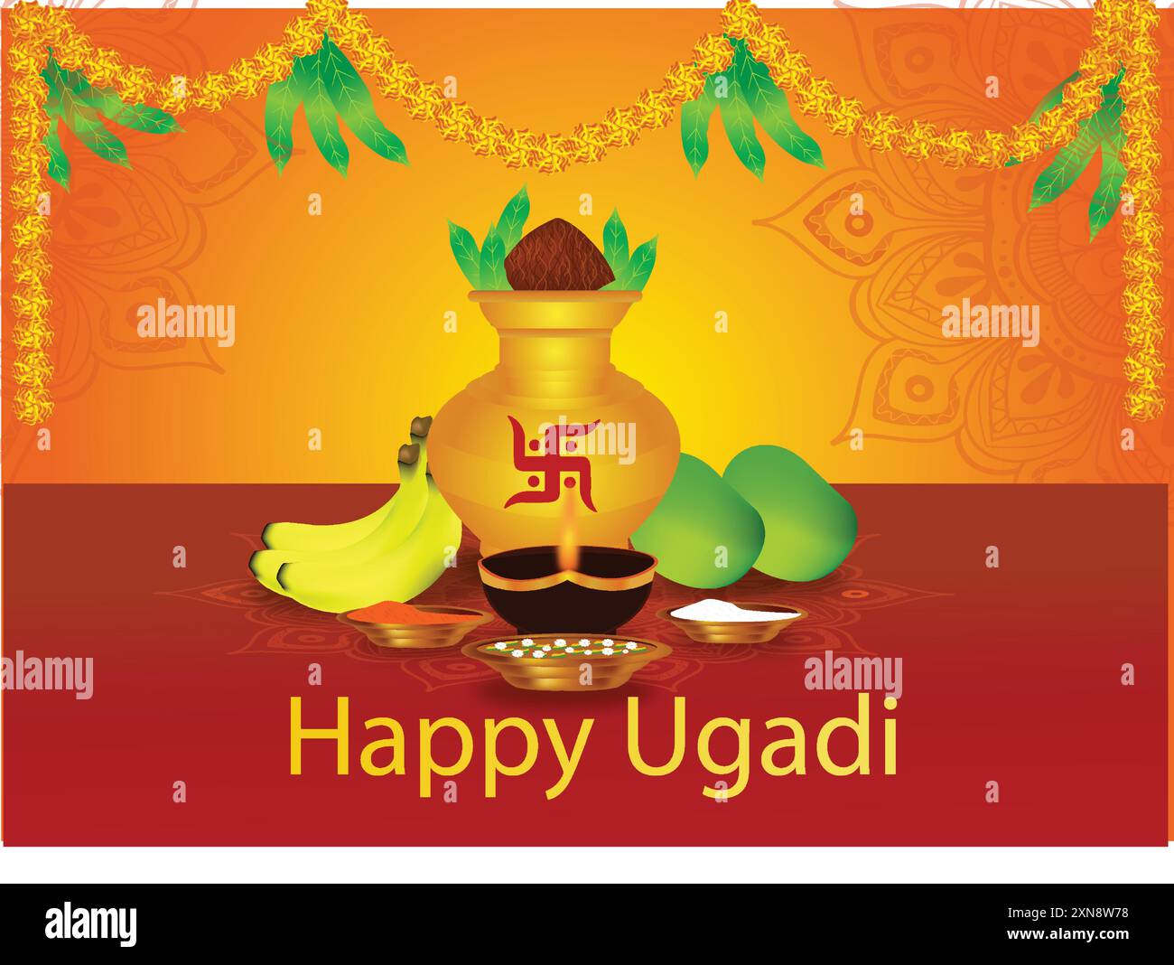 Vektor-Illustration Poster des ugadi Festivalbildes auf gelbem und orangem Hintergrund mit Kokosnuss in kalash, Früchten und Diya. Das ugadi-Festival, das ugadi-fest Stock Vektor