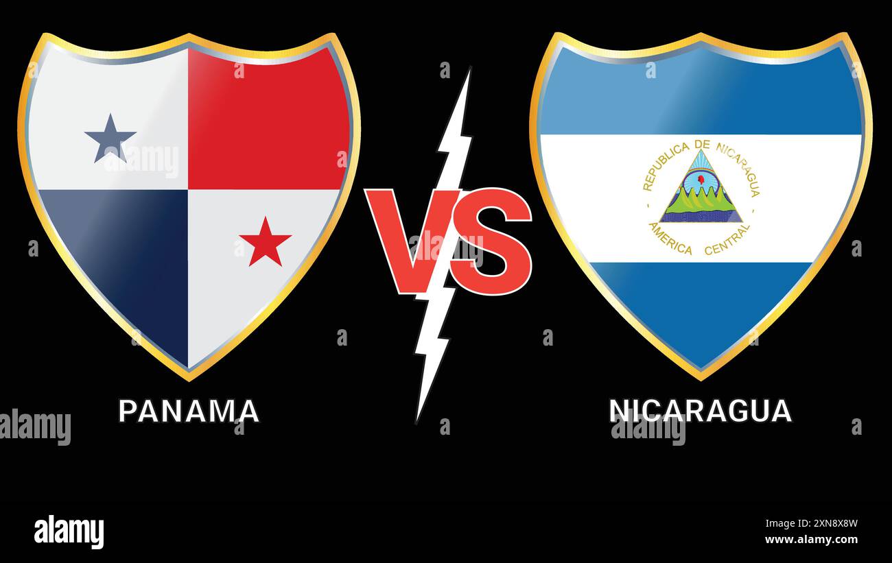 Spannender Fußball-Kampf: Panama gegen Nicaragua mit schwarzem Hintergrund und gegen Flaggen Stock Vektor