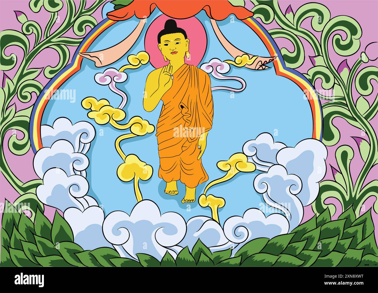 Vektor-Illustration Poster von Lhabab Duchen, ist eines der vier buddhistischen Feste, die an vier Ereignisse im Leben des buddha erinnern. Stock Vektor