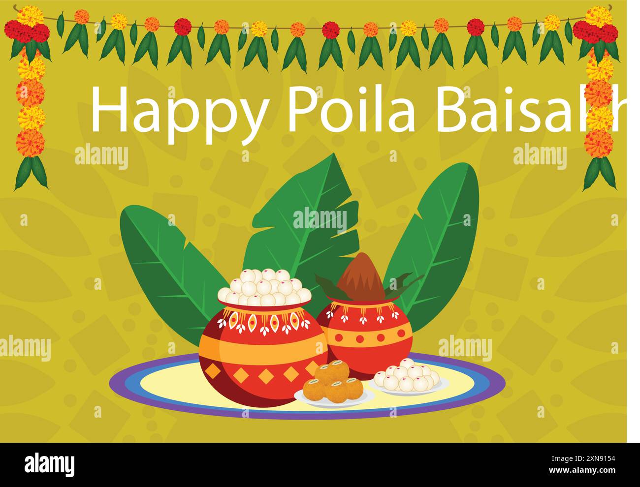 Vektor-Illustration Poster des glücklichen Poila Baisakh und Rasgulla gefüllt in Schlammtopf mit kalash. Stock Vektor