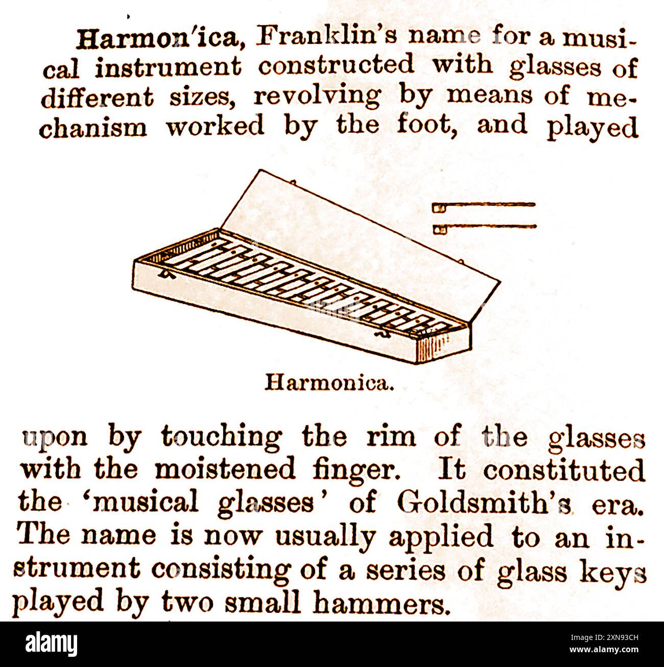 Ein Wörterbucheintrag aus dem 19. Jahrhundert, der eine Mundharmonika im alten Stil zeigt und beschreibt, die mit Glastasten gespielt wird. Stockfoto