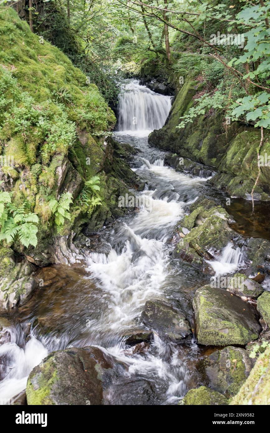 Gebrochenes Wasser in der Gegend entlang des Weges, der zum Ceunant Mawr Wasserfall in Llanberis, Gwynedd, Nordwales führt Stockfoto