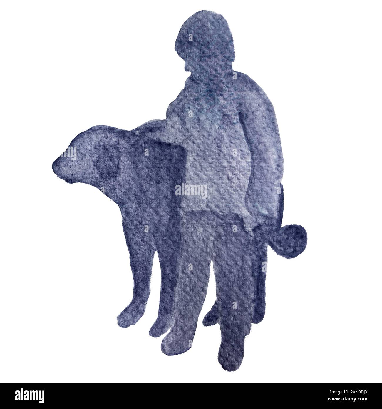 Eine einfarbige Aquarellillustration mit der Silhouette eines Jungen, der neben einem großen Hund steht und seine Hand liebevoll auf dem Rücken des Hundes liegt Stockfoto