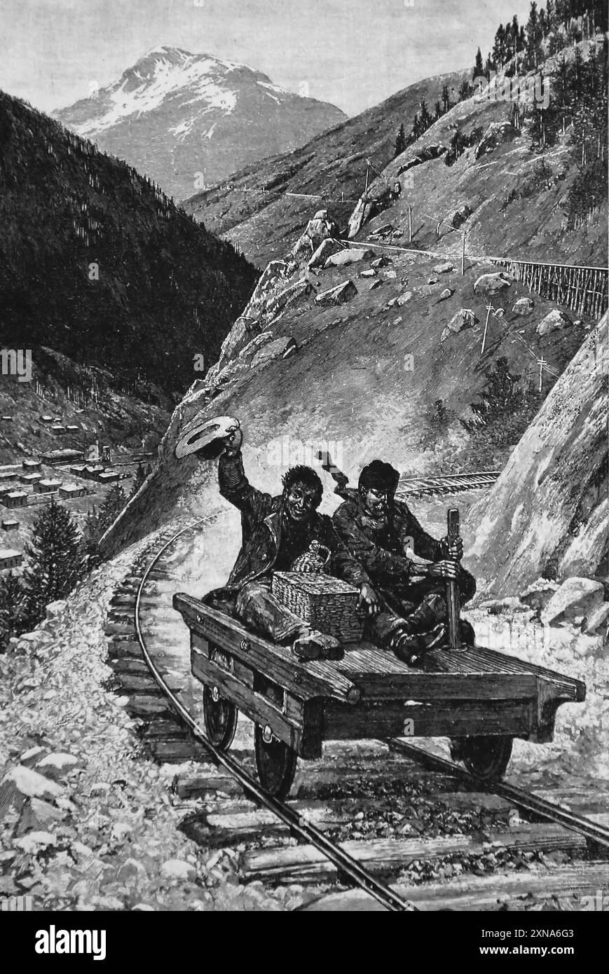 US. Arbeiter auf einem Handwagen, der eine Berglinie hinunterfährt, um neue Proviant zu holen. Gravur, 1889. Stockfoto