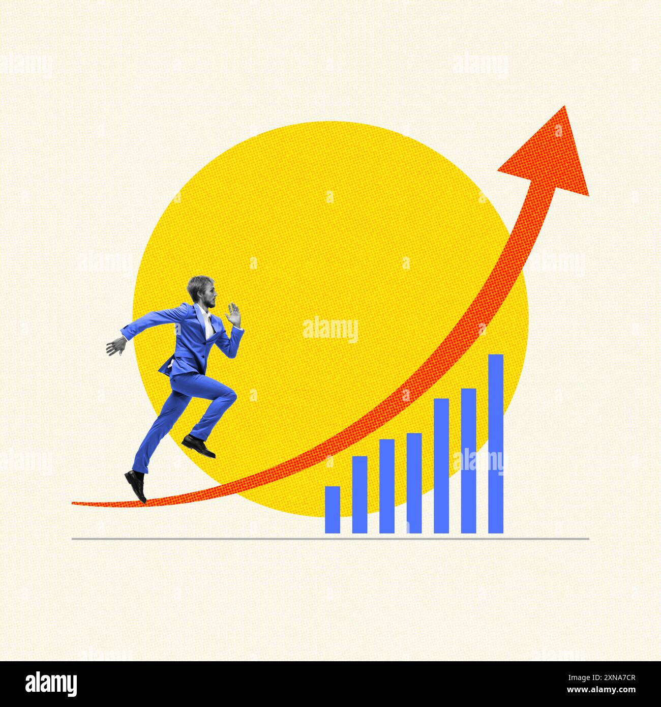 Geschäftsmann, der auf dem roten Pfeil läuft und das Balkendiagramm nach oben zeigt, symbolisiert Wachstum, verfolgt Ziele und Erfolg, dynamischen Fortschritt. Zeitgenössische Kunstcollage. Stockfoto