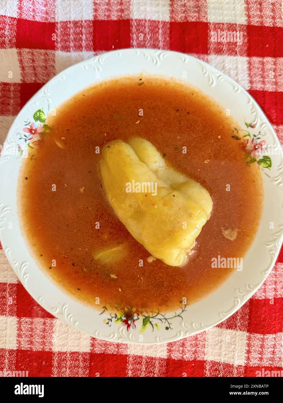 Hausgemachte gefüllte Pfeffersuppe in einer weißen Schüssel auf roter karierter Tischdecke Stockfoto