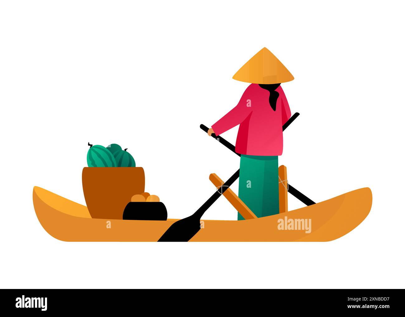 Vietnamesisch in einem Kanu - modernes, flaches Design, Einzelbild Stock Vektor