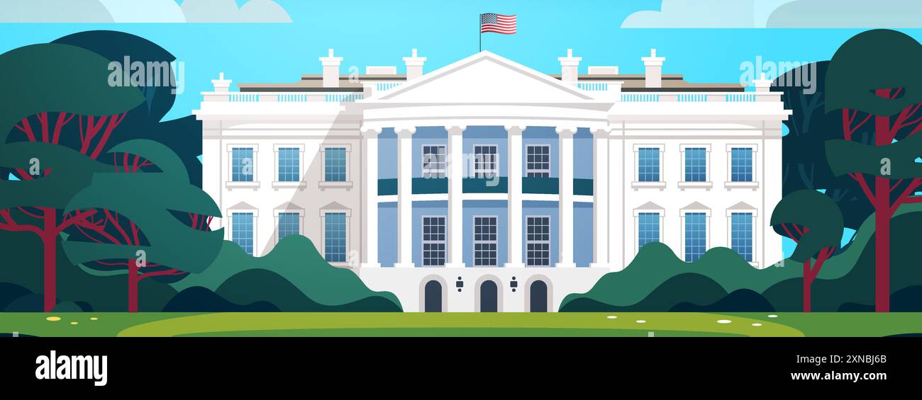 Weißes Haus, Regierungsgebäude für Präsidentschaftswahlen, umgeben von Bäumen, blauem Himmel, amerikanische Flagge, digitale Kunst Stock Vektor