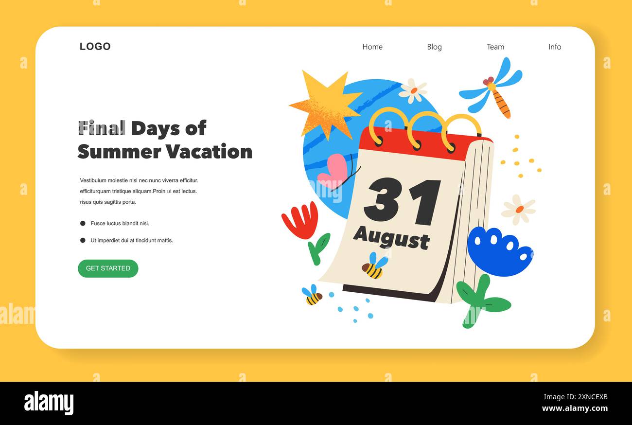Letzte Tage des Sommerurlaubs Konzept. Der Kalender markiert das Ende der Weihnachtszeit mit Ikonen zum Strand und zur Natur. Jugendlicher Geist des Abschieds im Sommer. Vektorabbildung. Stock Vektor