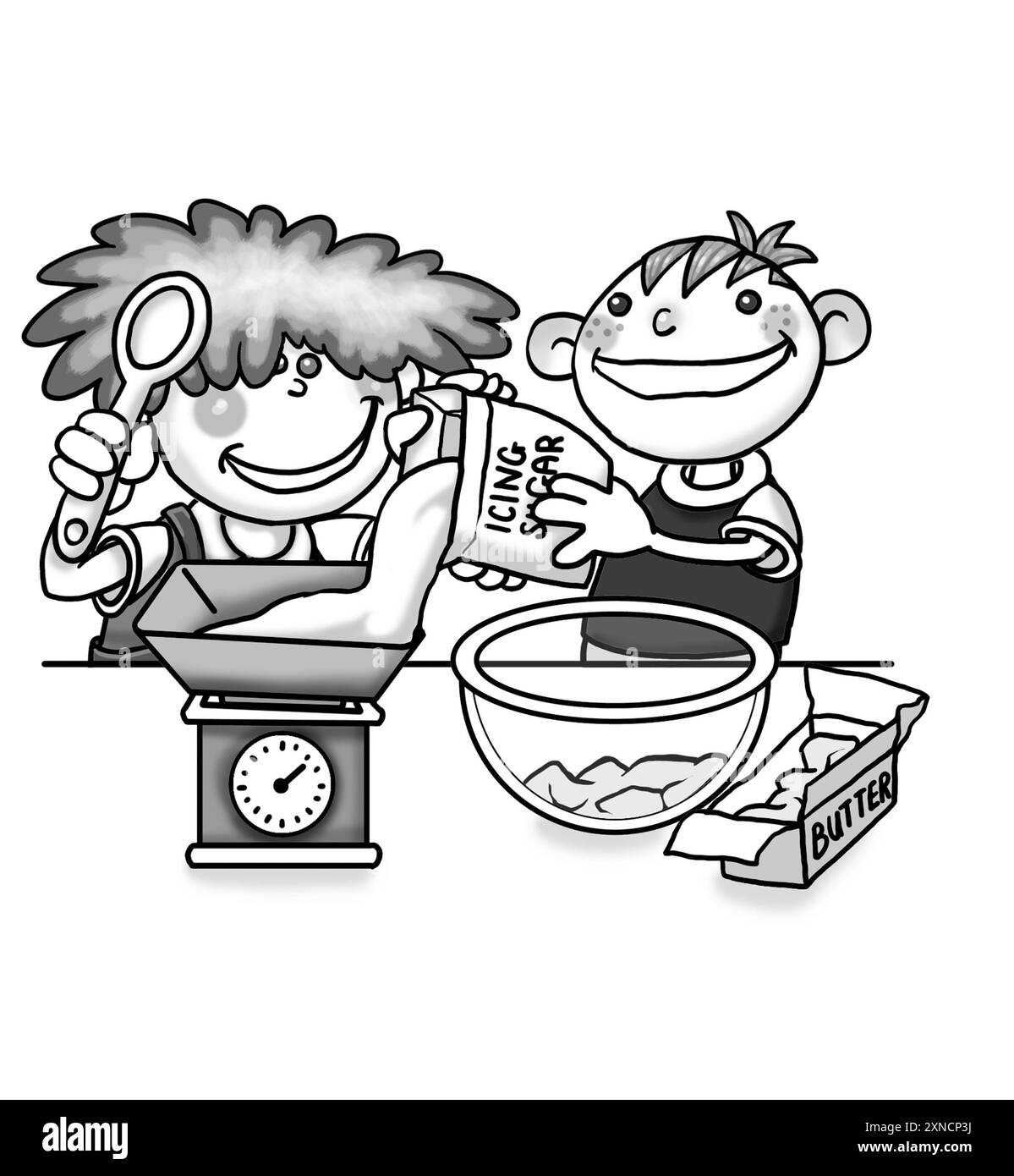 Schwarz-weiß-Kunst Illustration Kinder kochen, Zutaten wiegen, Puderzucker, Butter, Schüsseln, Waage, Mischlöffel, Backen, Kochen, Stufe 2 von 6 Stockfoto