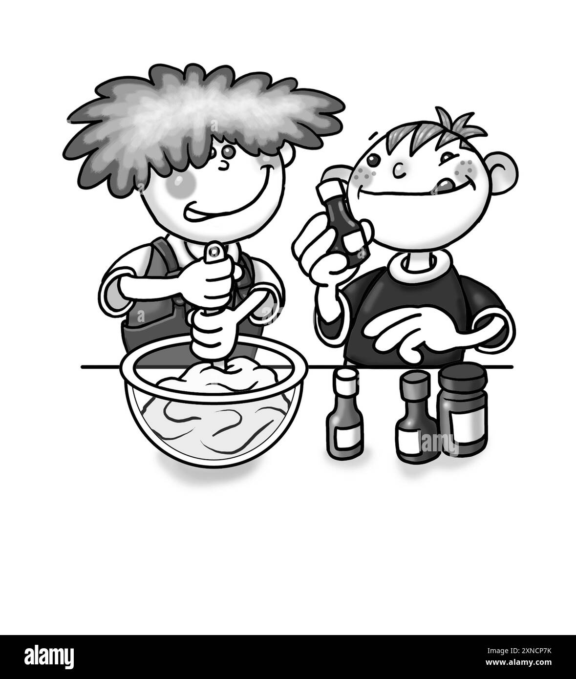 Schwarz-weiß-Kunst, Vorschulkinder kochen zusammen, lernen kochen, Backen mit Lebensmittelfarbe und Vanille zum Teigbacken, Kochsequenz 3 von 6 Stockfoto