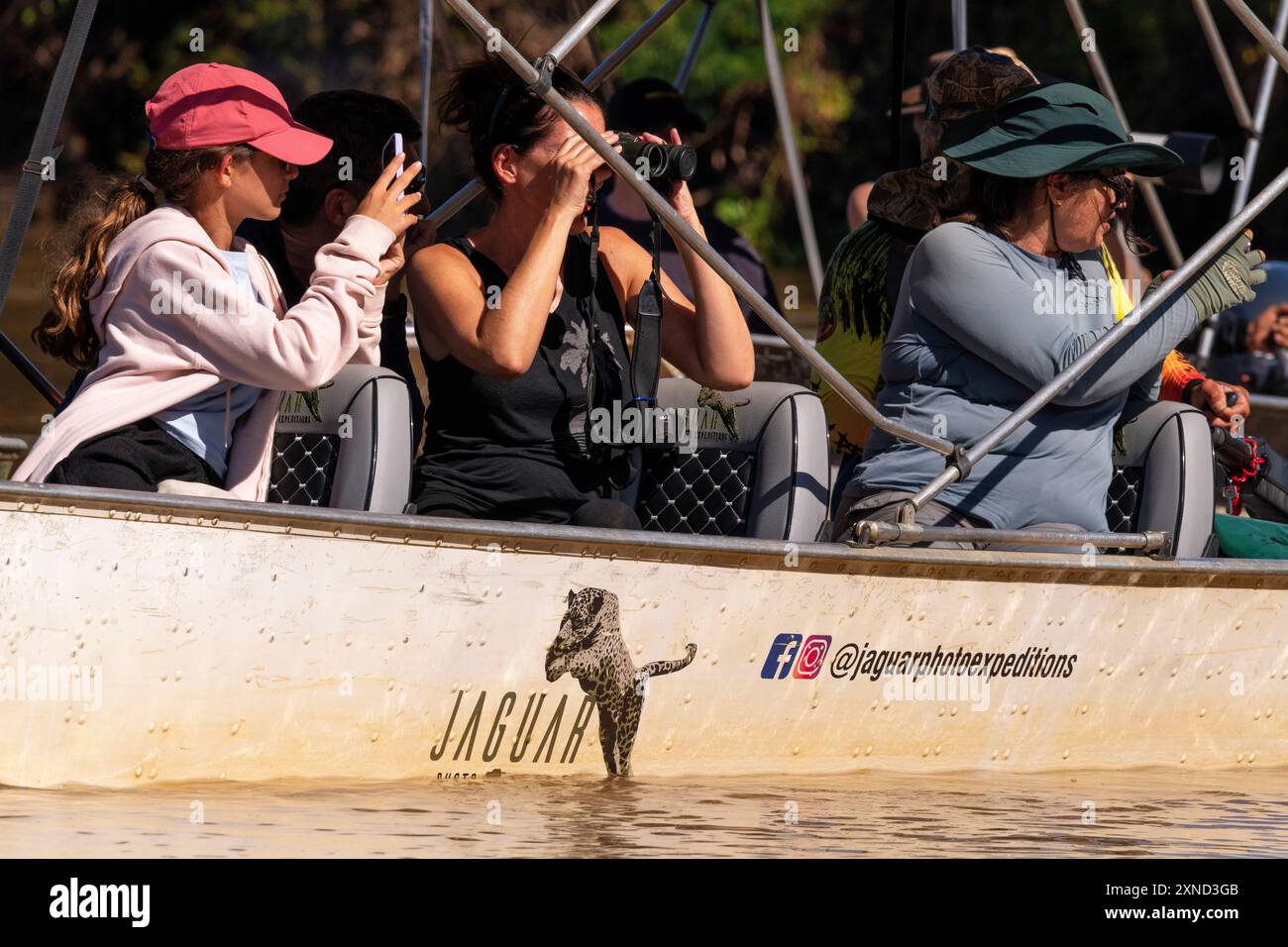 Touristen auf der Suche nach Jaguaren, die berühmte Jaguar Safari, Meeting of Waters Park, Pantanal von Mato Grosso, Brasilien Stockfoto