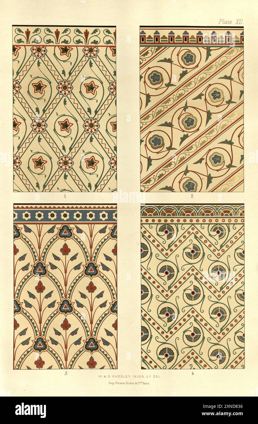 Raffinierte Blumenmuster, viktorianische dekorative Kunst und Design, Gravur, polychromatische Dekoration im mittelalterlichen Stil, W & G Audsley, Platte 12 Stockfoto