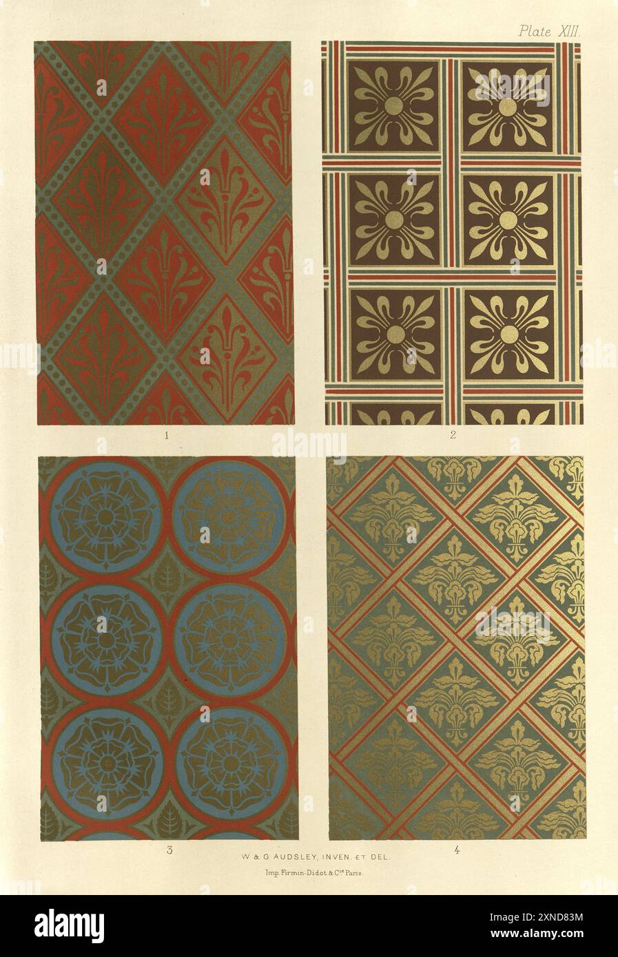 Raffinierte Muster, viktorianische dekorative Kunst und Design, Gravur, polychromatische Dekoration im mittelalterlichen Stil, W & G Audsley, Platte 13 Stockfoto