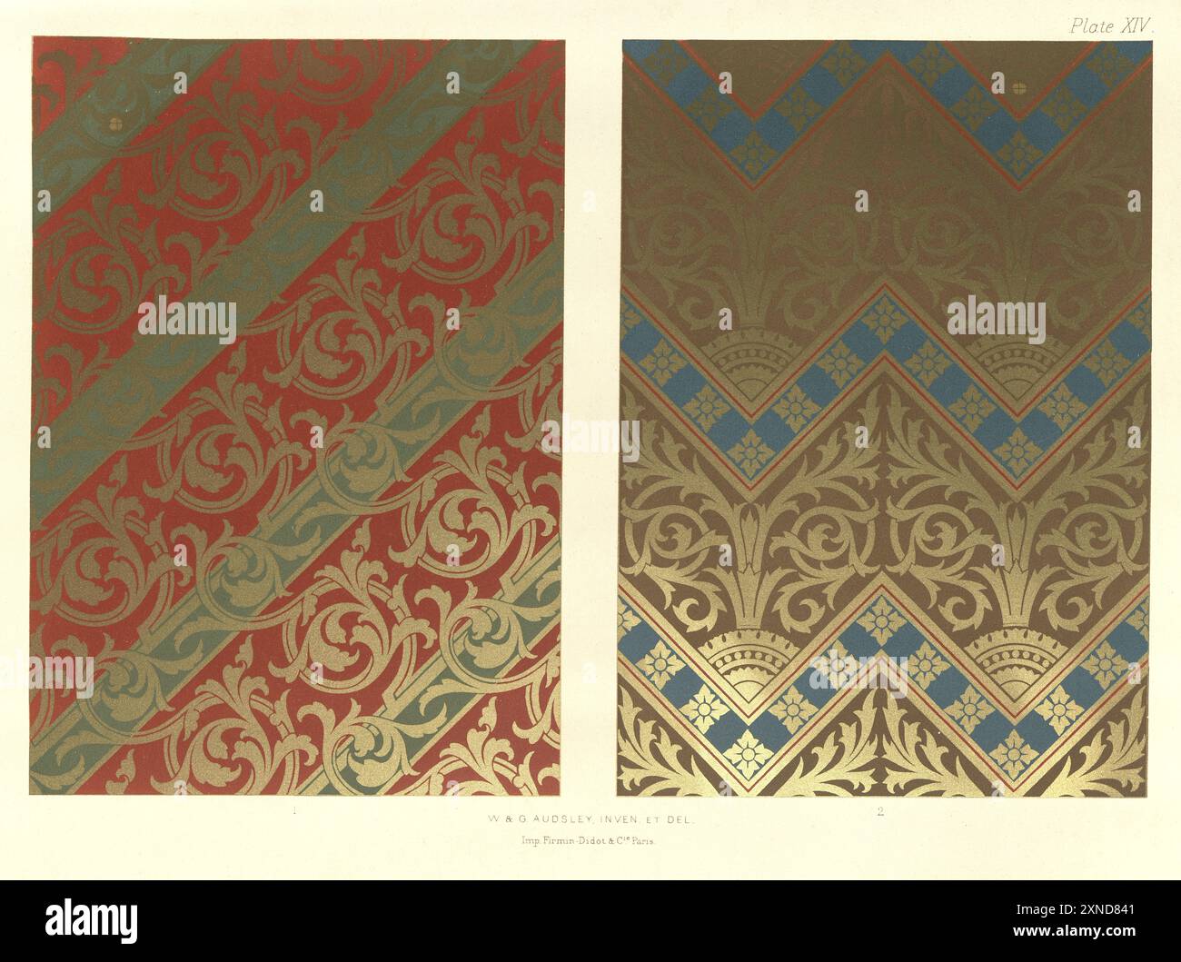 Raffinierte Muster, viktorianische dekorative Kunst und Design, Gravur, polychromatische Dekoration im mittelalterlichen Stil, W & G Audsley, Platte 14 Stockfoto