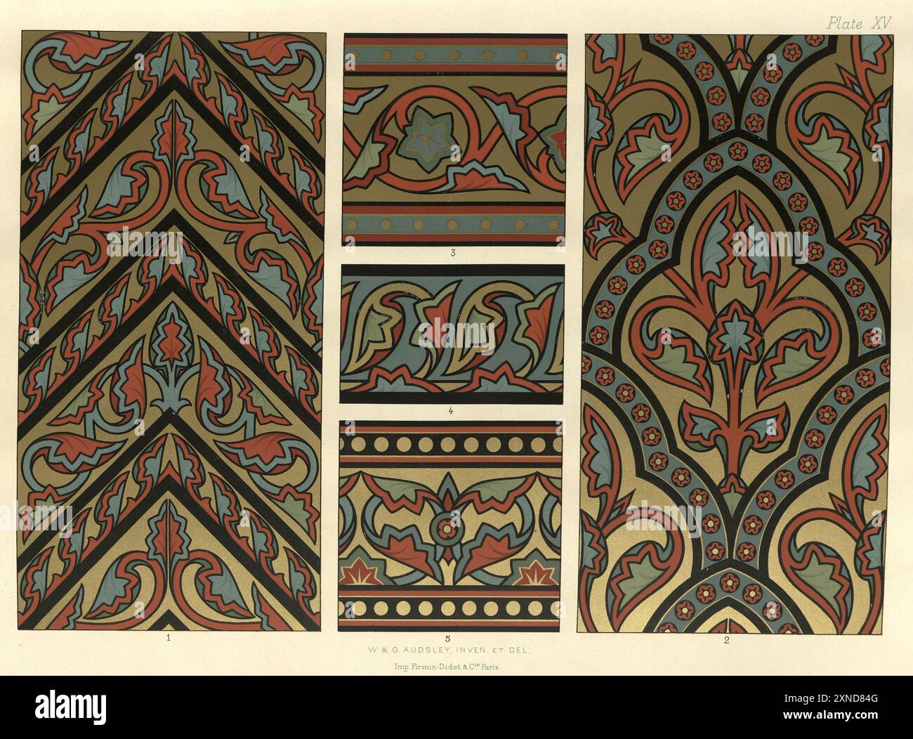 Raffinierte Blumenmuster, viktorianische dekorative Kunst und Design, Gravur, polychromatische Dekoration im mittelalterlichen Stil, W & G Audsley, Platte 15 Stockfoto