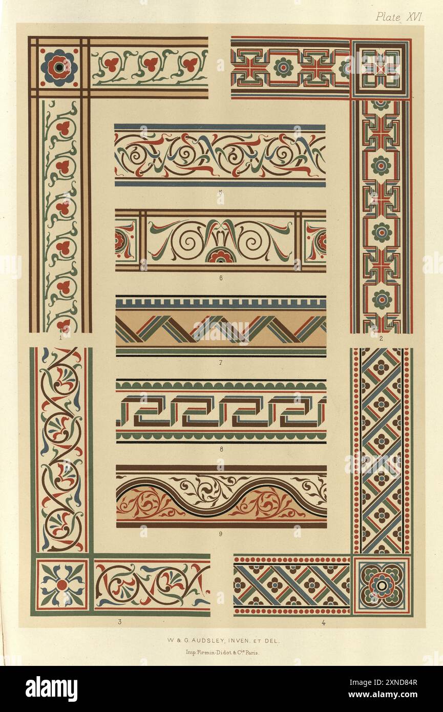 Raffinierte Blumenmuster, viktorianische dekorative Kunst und Design, Gravur, polychromatische Dekoration im mittelalterlichen Stil, W & G Audsley, Platte 16 Stockfoto