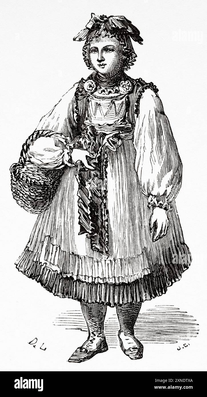 Frau in traditioneller Tracht Bayerns, Deutschland. Zeichnung von Dieudonne Lancelot (1823-1895) Reise von Paris nach Bukarest, 1860 von Victor Duruy (1811-1894) Le Tour du Monde 1862 Stockfoto