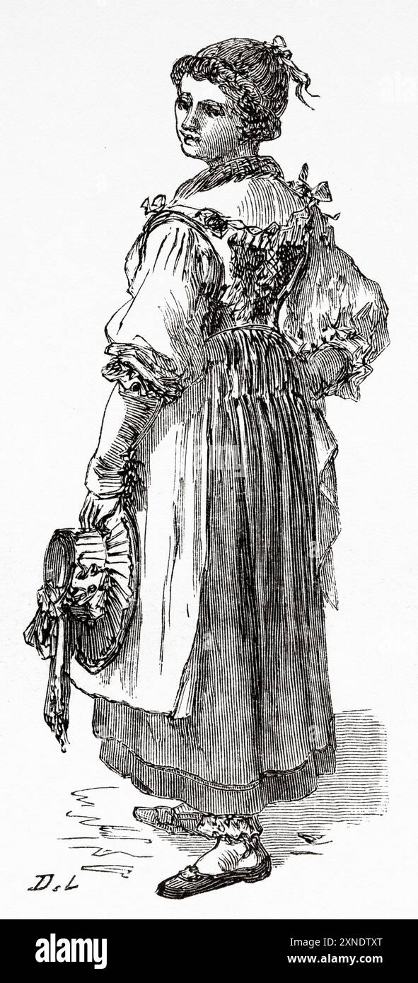Frau in traditioneller Tracht Bayerns, Deutschland. Zeichnung von Dieudonne Lancelot (1823-1895) Reise von Paris nach Bukarest, 1860 von Victor Duruy (1811-1894) Le Tour du Monde 1862 Stockfoto