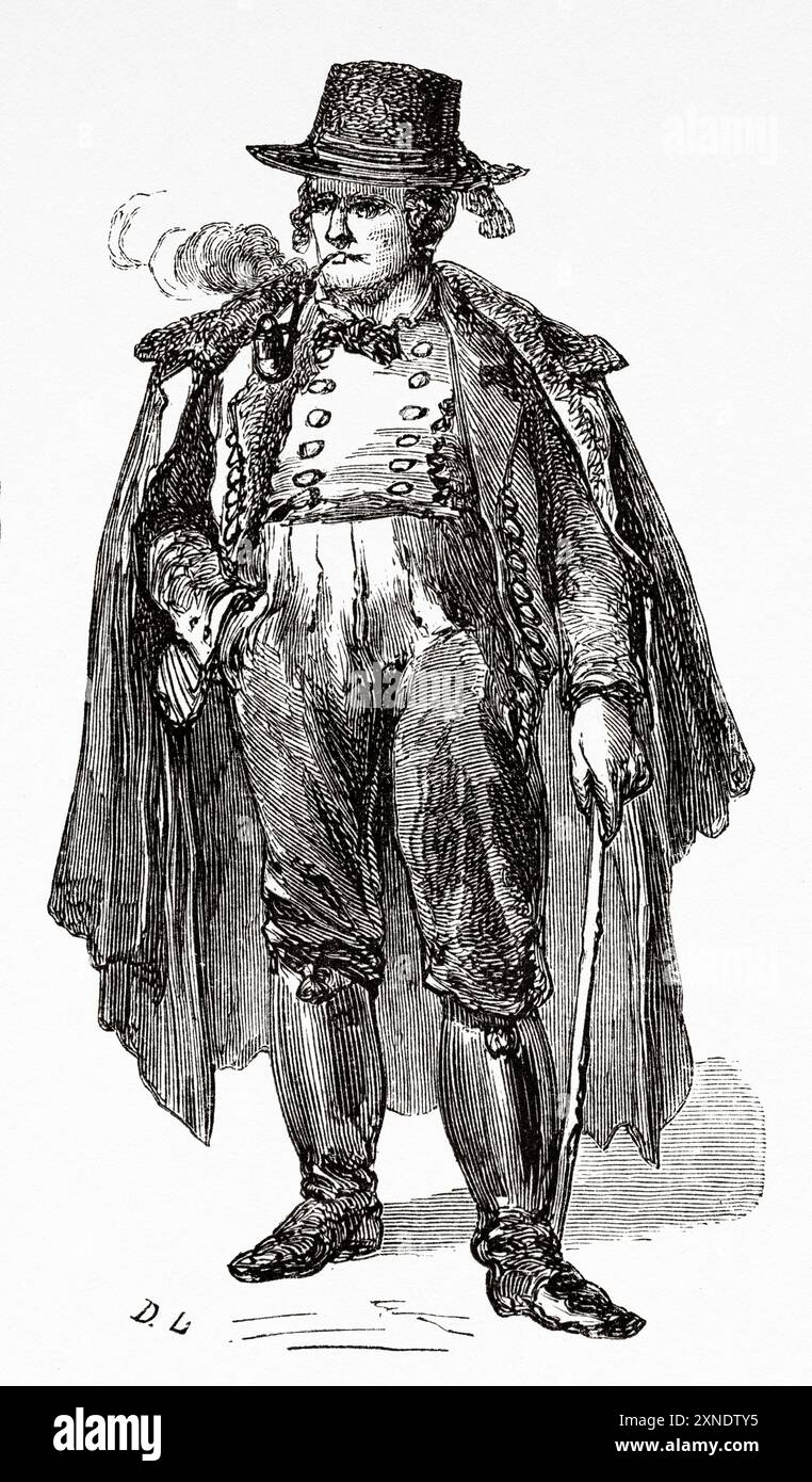 Ein Mann, der eine traditionelle Tracht aus Bayern trägt. Zeichnung von Dieudonne Lancelot (1823-1895) Reise von Paris nach Bukarest, 1860 von Victor Duruy (1811-1894) Le Tour du Monde 1862 Stockfoto