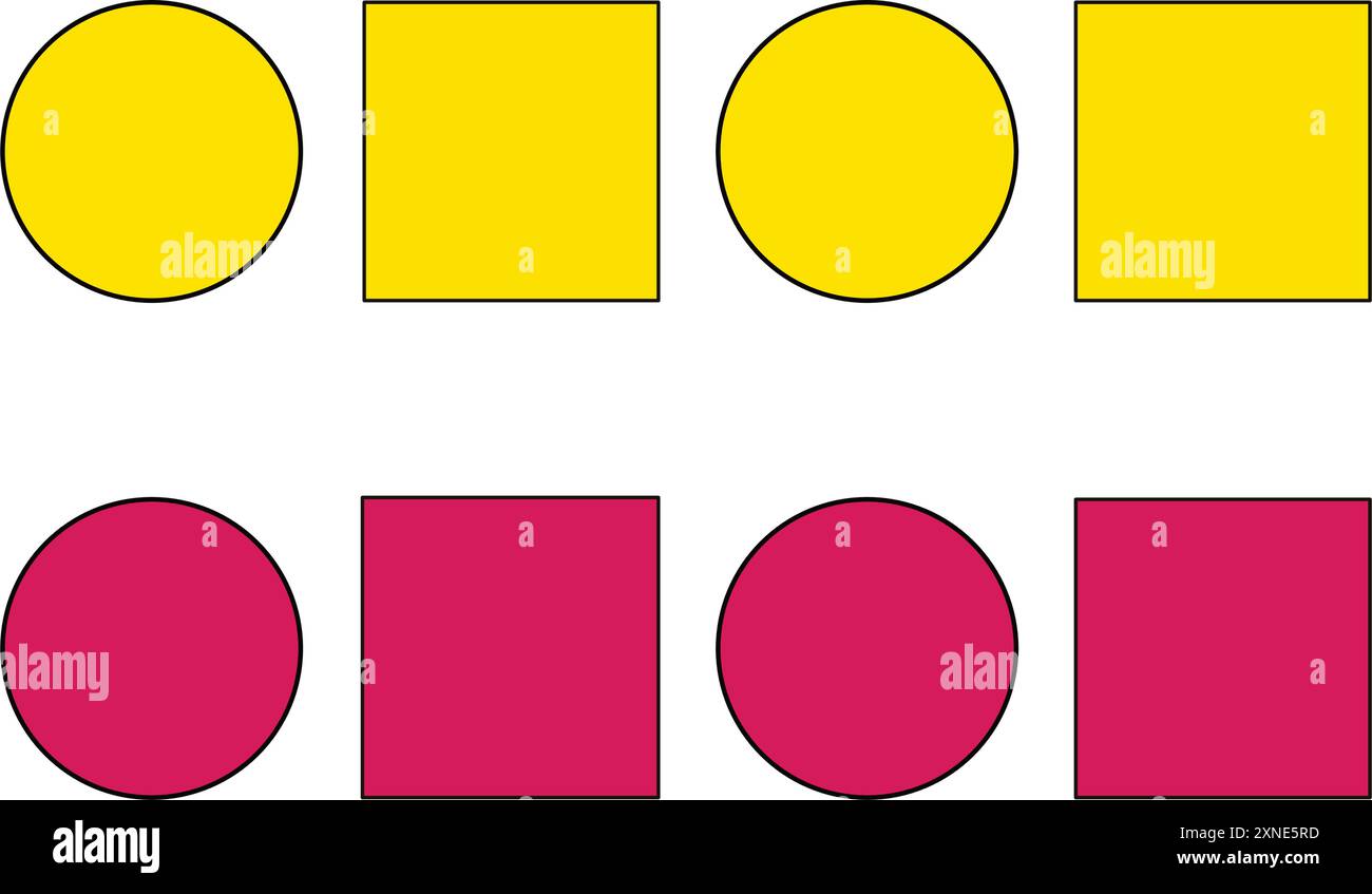 Kreise und Quadrate als Aufzählungszeichen in den Farben Gelb und Rot-Violett in 2D und 3D Stock Vektor