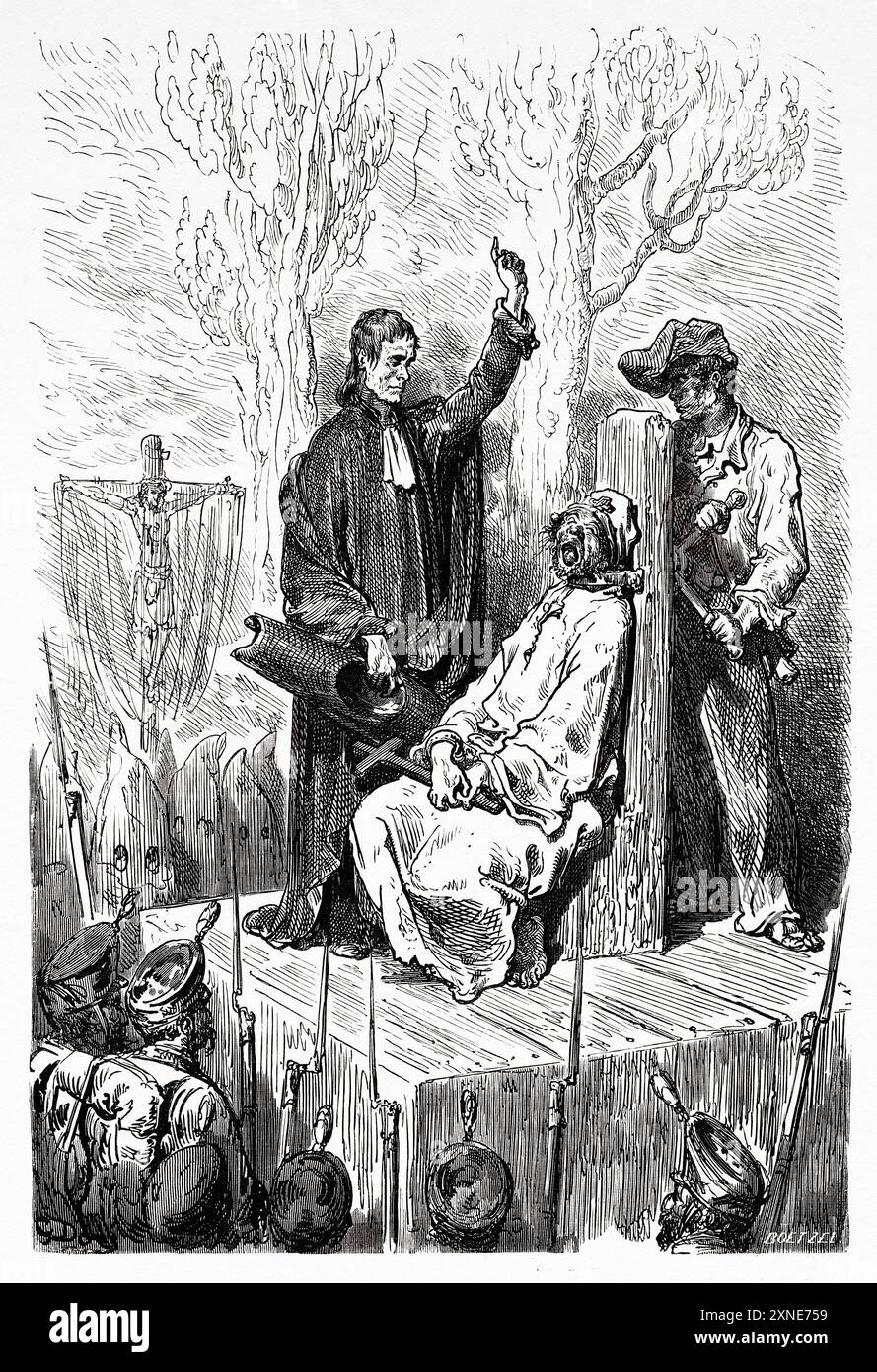 Eine Mörderin wird auf der Garrotte in Barcelona, Katalonien, bestraft. Reise nach Spanien, 1862 von Jean Charles Davillier (1823-1883), Zeichnung von Gustave Dore (1832-1883) Le Tour du Monde 1862, Stockfoto