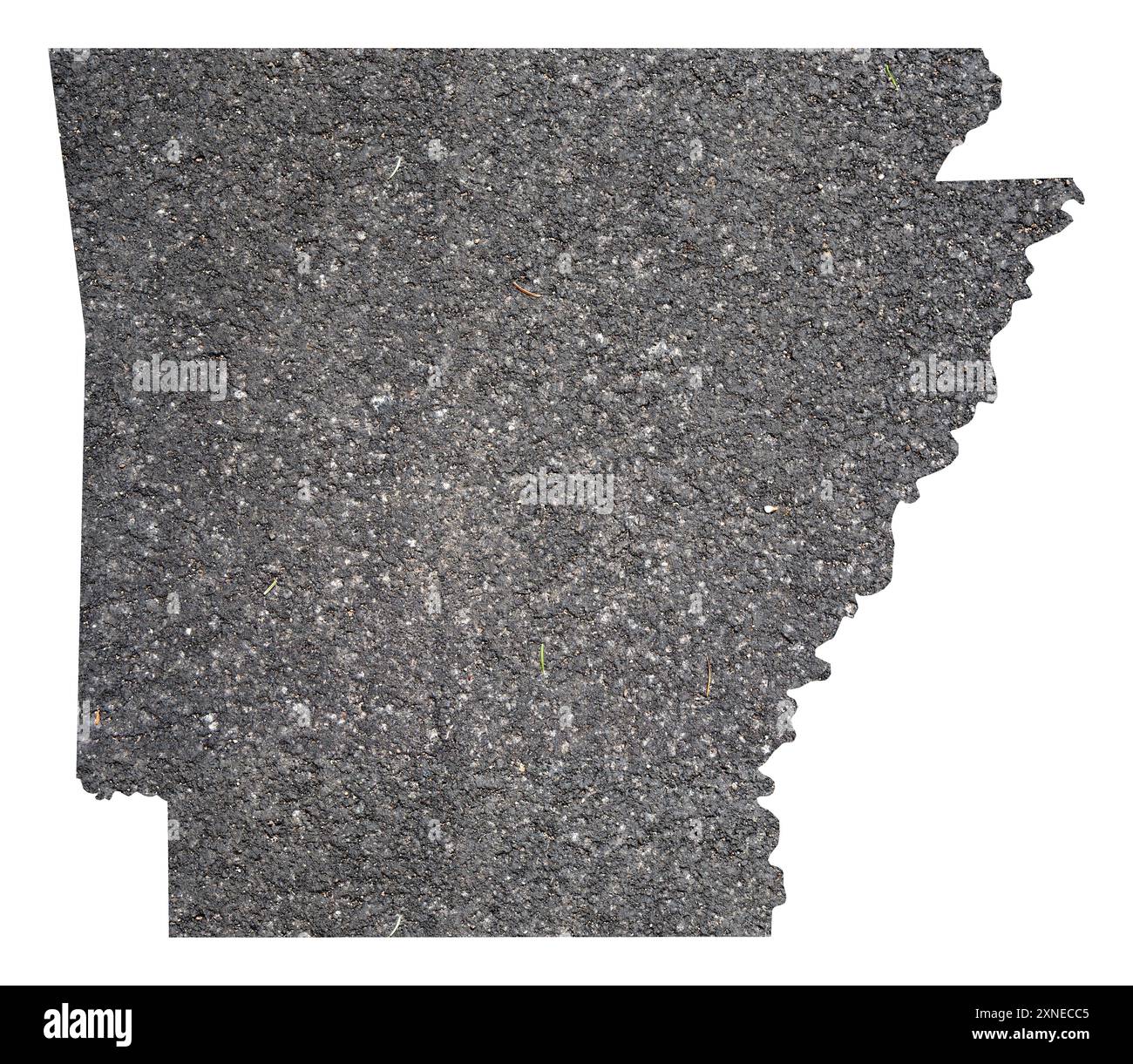Symbolkarte des Bundesstaates Arkansas (USA), die die Umrisse des Bundesstaates als Asphaltfläche zeigt Stockfoto
