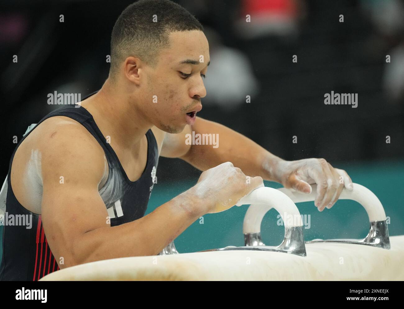 Paris, Frankreich. 31. Juli 2024. Joe Fraser aus Großbritannien bereitet sich darauf vor, am Mittwoch, den 31. Juli 2024, bei den Olympischen Sommerspielen in Paris, Frankreich, auf dem Pommel Horse aufzutreten. Foto: Pat Benic/UPI Credit: UPI/Alamy Live News Stockfoto