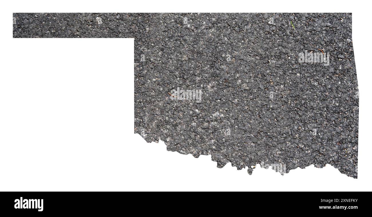 Symbolkarte des Bundesstaates Oklahoma (Vereinigte Staaten von Amerika), die die Umrisse des Bundesstaates als Asphaltfläche zeigt Stockfoto