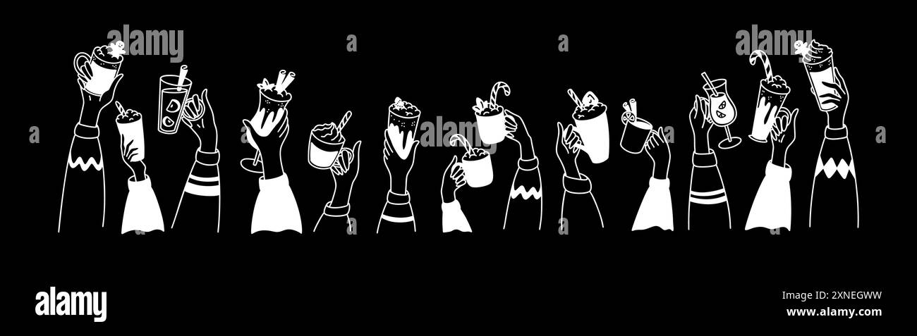 Hände hoch mit heißen Weihnachtsgetränken. Weihnachtsmarkt Glühweintafel. Kürbis-Gewürz-Latte, heißer Wein, warme Cocktails, Marshmallow-Schokolade. Ugl Stock Vektor