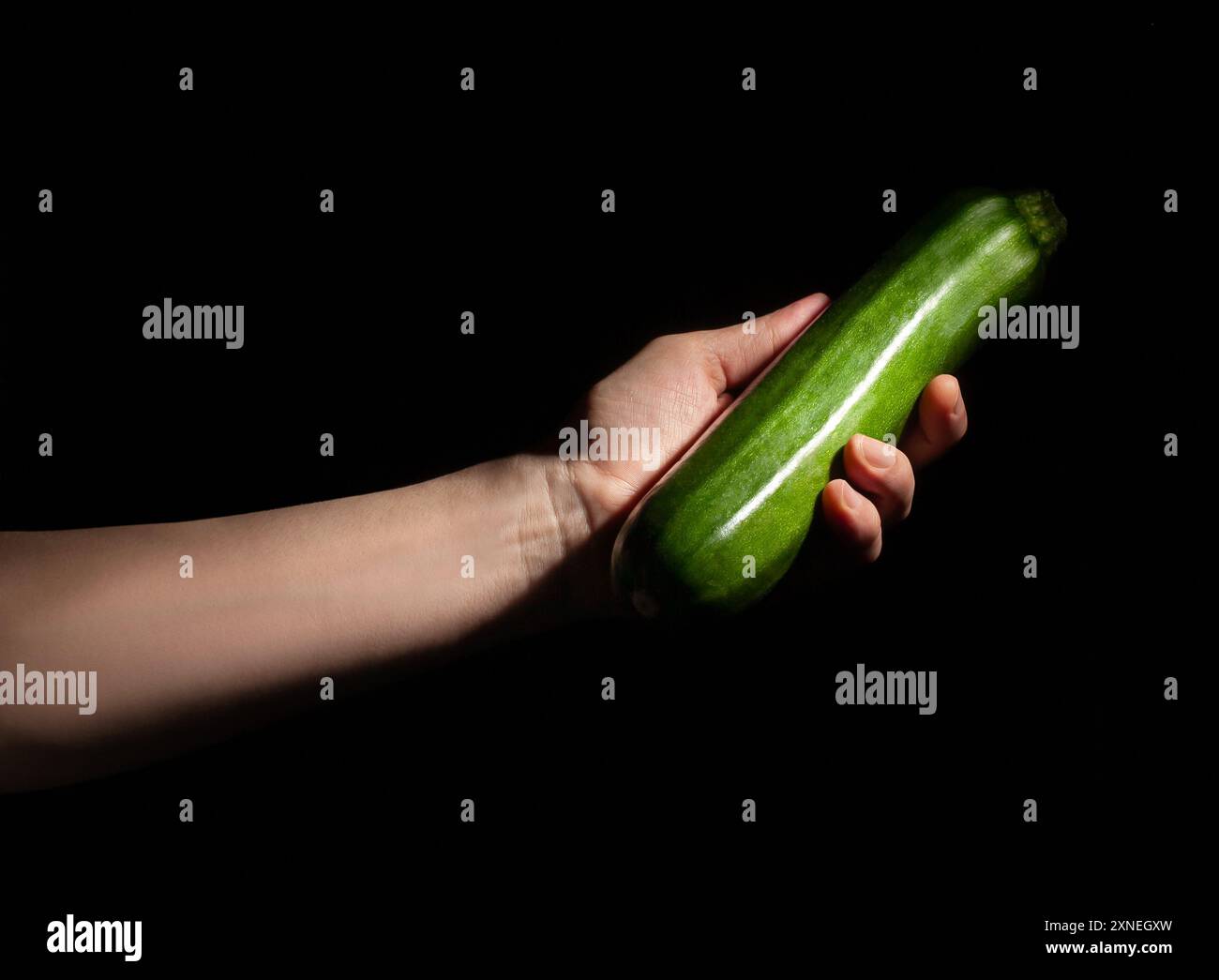 Zucchini in der Hand auf schwarzem Hintergrund Stockfoto