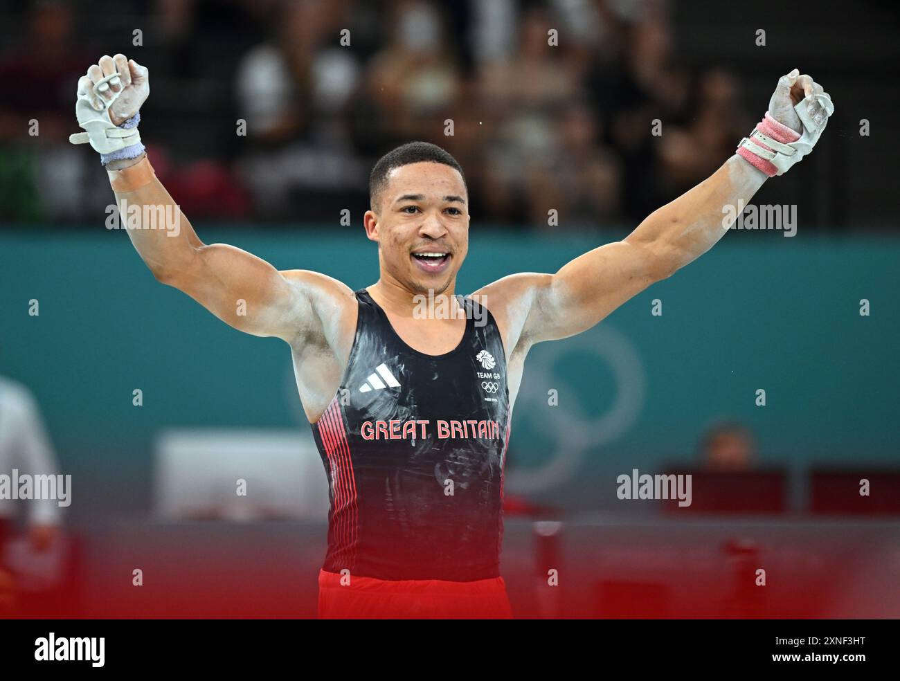 Paris, Frankreich. 31. Juli 2024. Joe Fraser aus Großbritannien reagiert nach den Ringen des All-Around-Endspiels der Herren bei den Olympischen Spielen 2024 in Paris, Frankreich, 31. Juli 2024. Quelle: Cheng Min/Xinhua/Alamy Live News Stockfoto