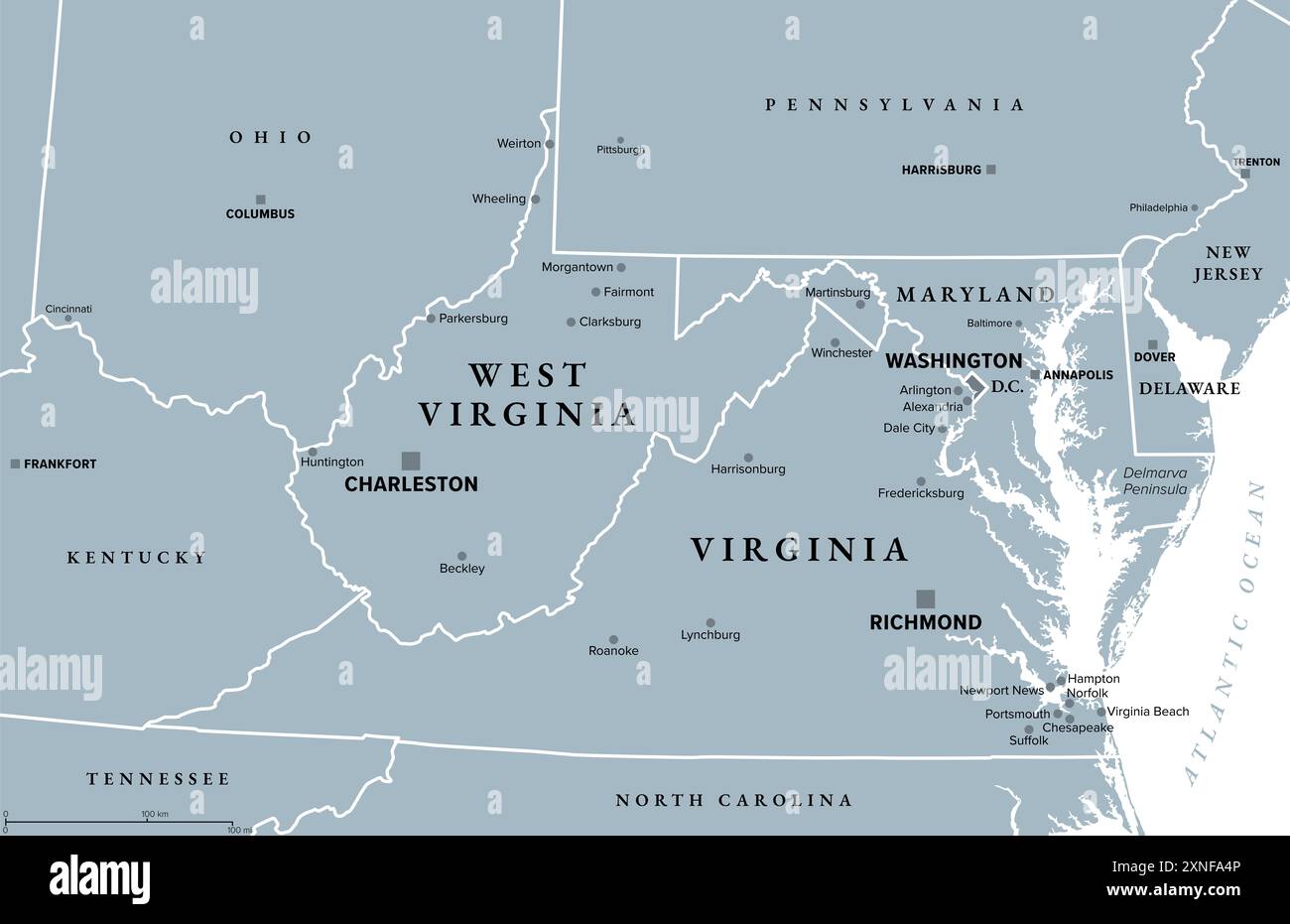 Die Virginias, graue politische Karte von Virginia mit seiner Hauptstadt Richmond und von West Virginia mit der Hauptstadt Charleston. Stockfoto